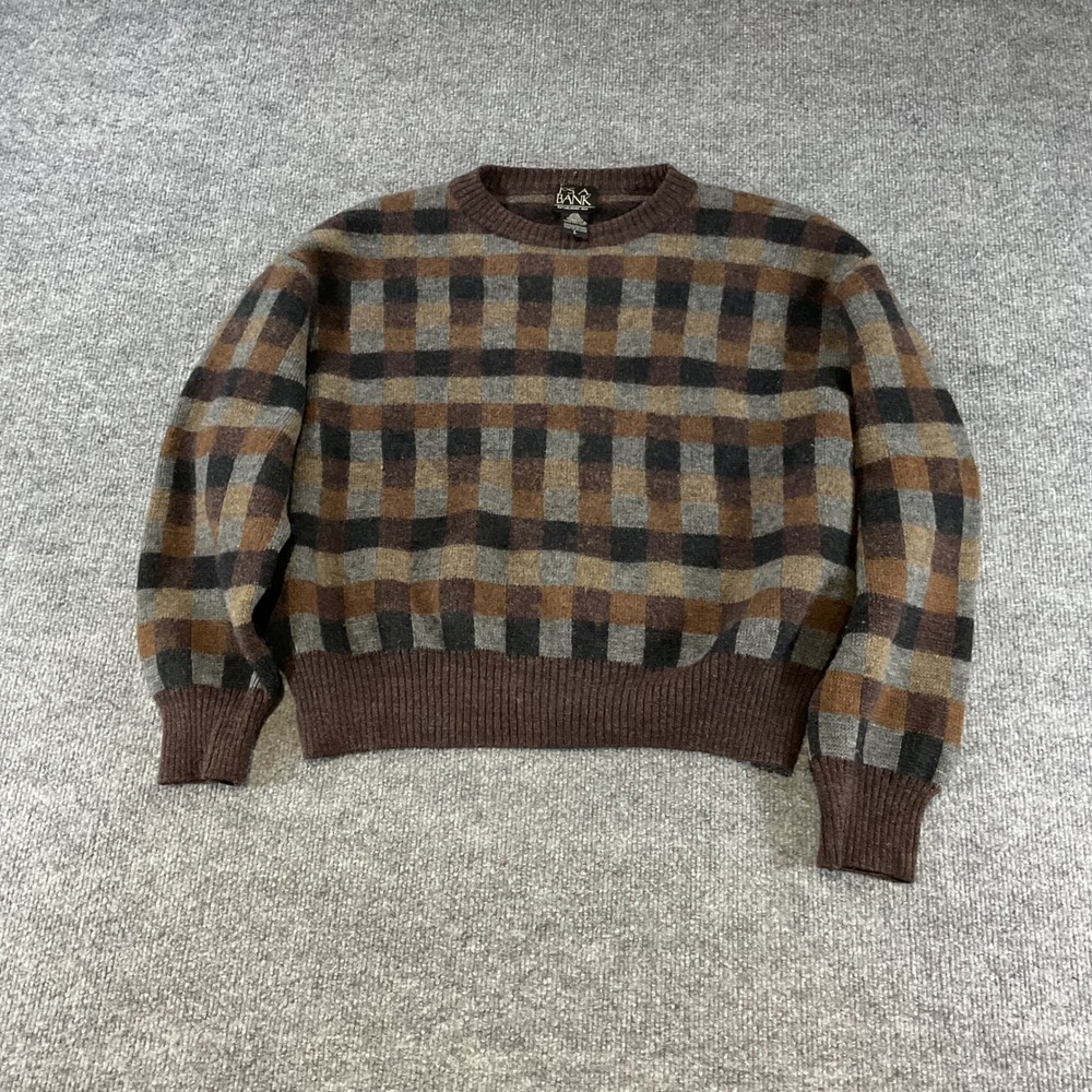 Jos A Bank Merino Wool Check Sweater Brown Grey Black Plaid Crewneck L